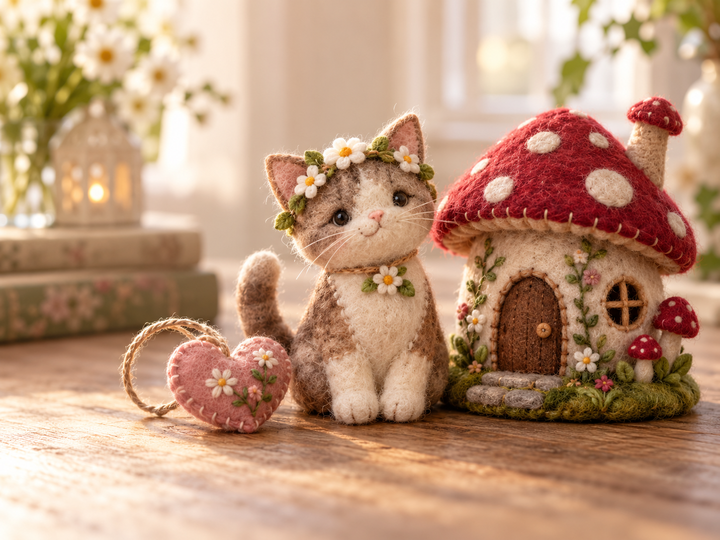 Handmade felt cat, heart charm and mushroom cottage