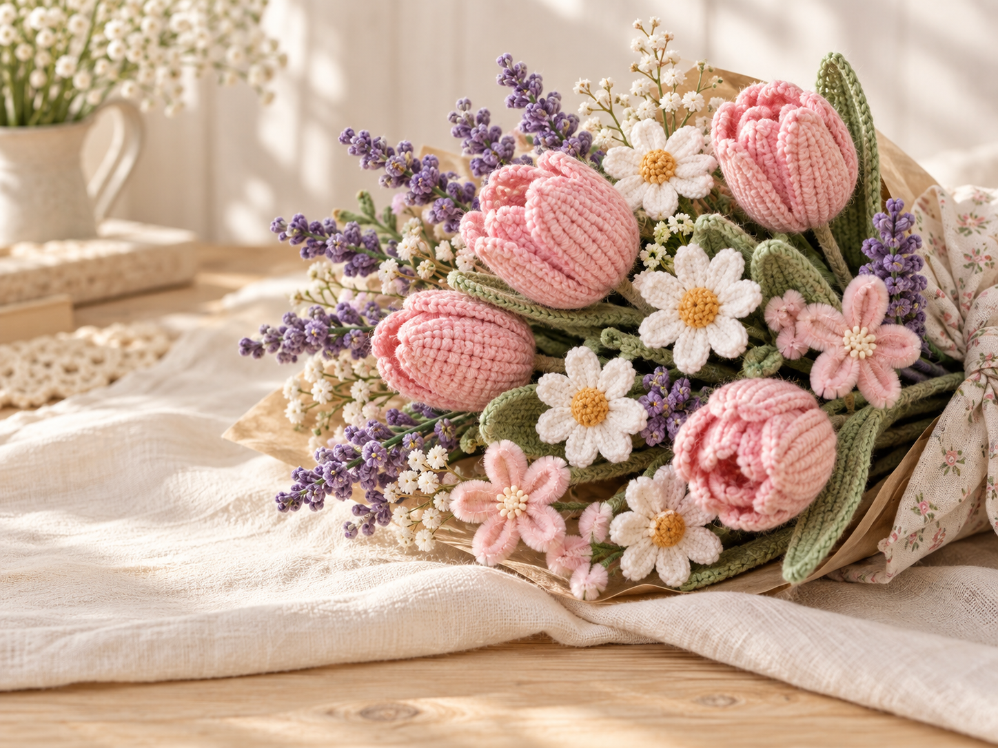 Handmade crochet and pipe-cleaner flowers in pink, white and lavender