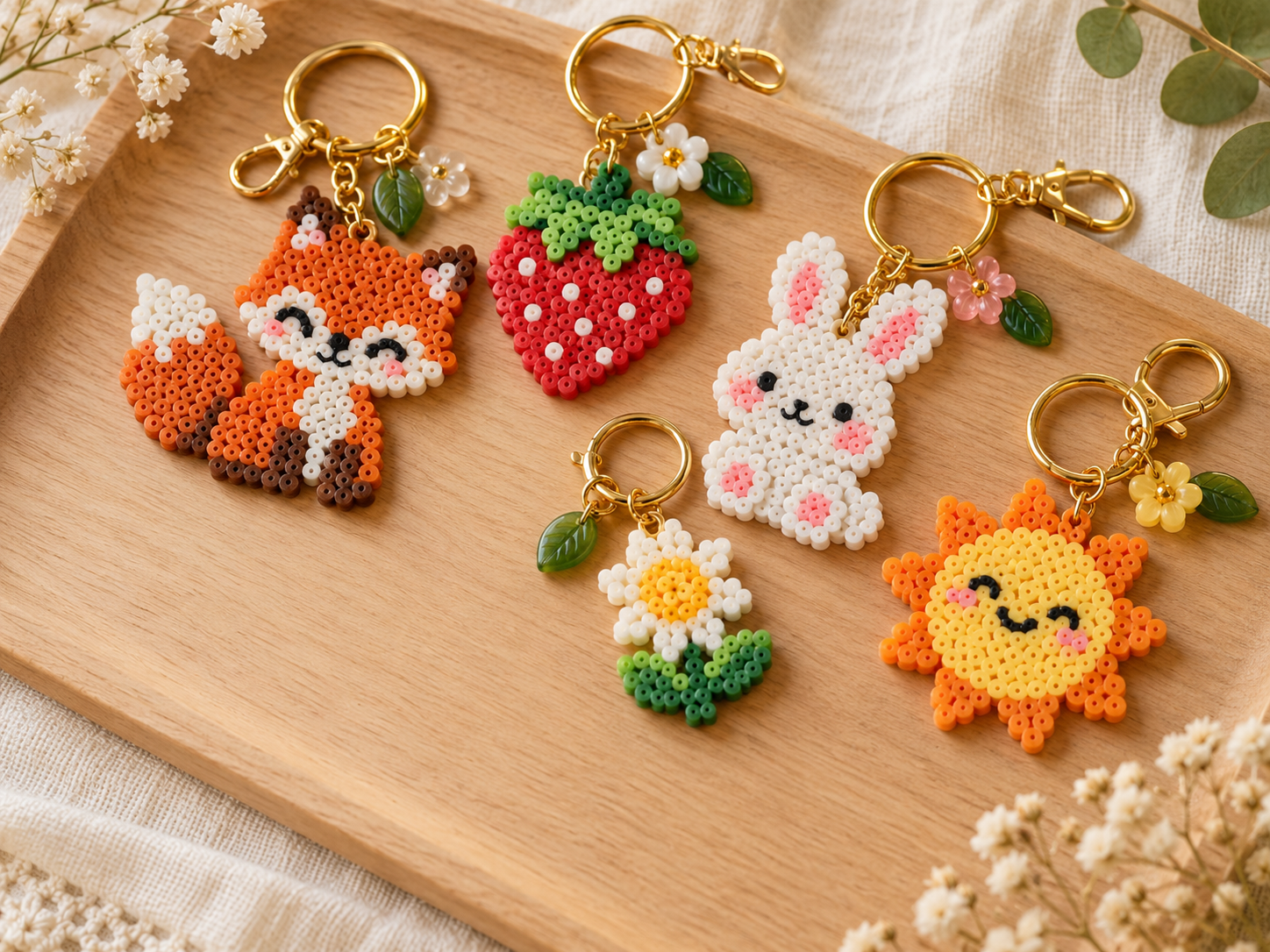 Colourful handmade fuse-bead keyrings and charms