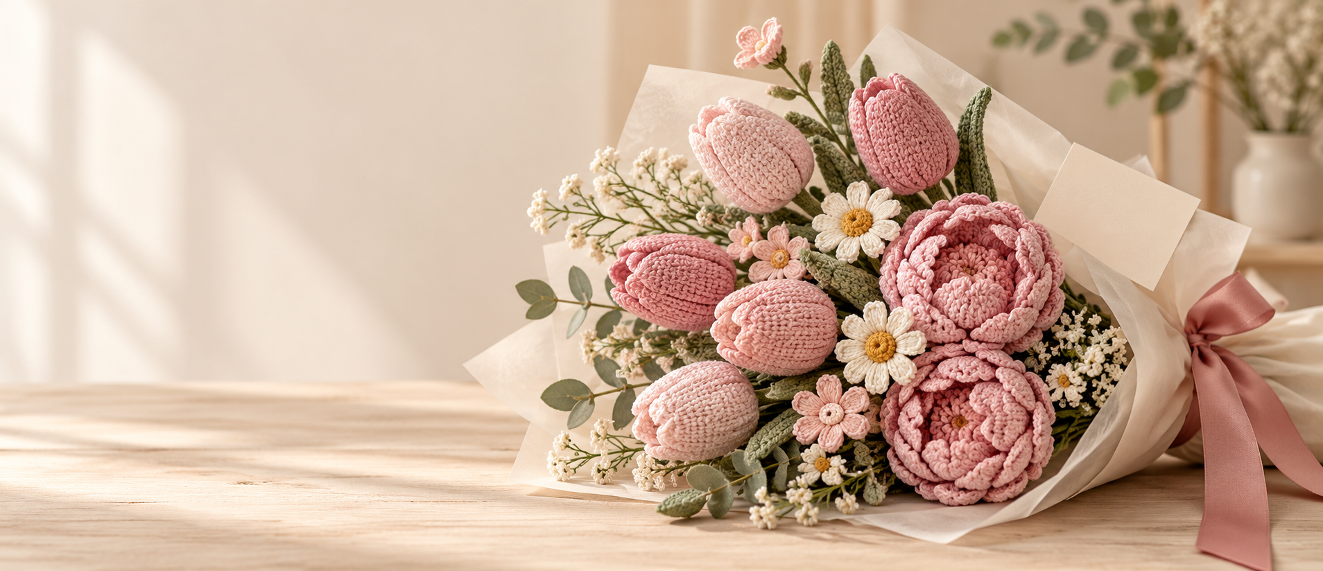 Handmade crochet flower bouquet in soft blush pink and ivory